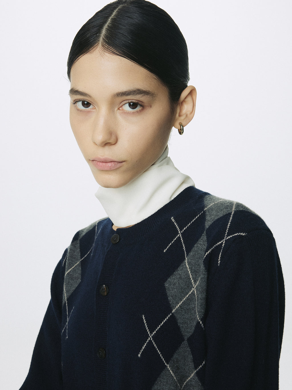 (W) MERINO WOOL ARGYLE CARDIGAN_ NAVY/GREY