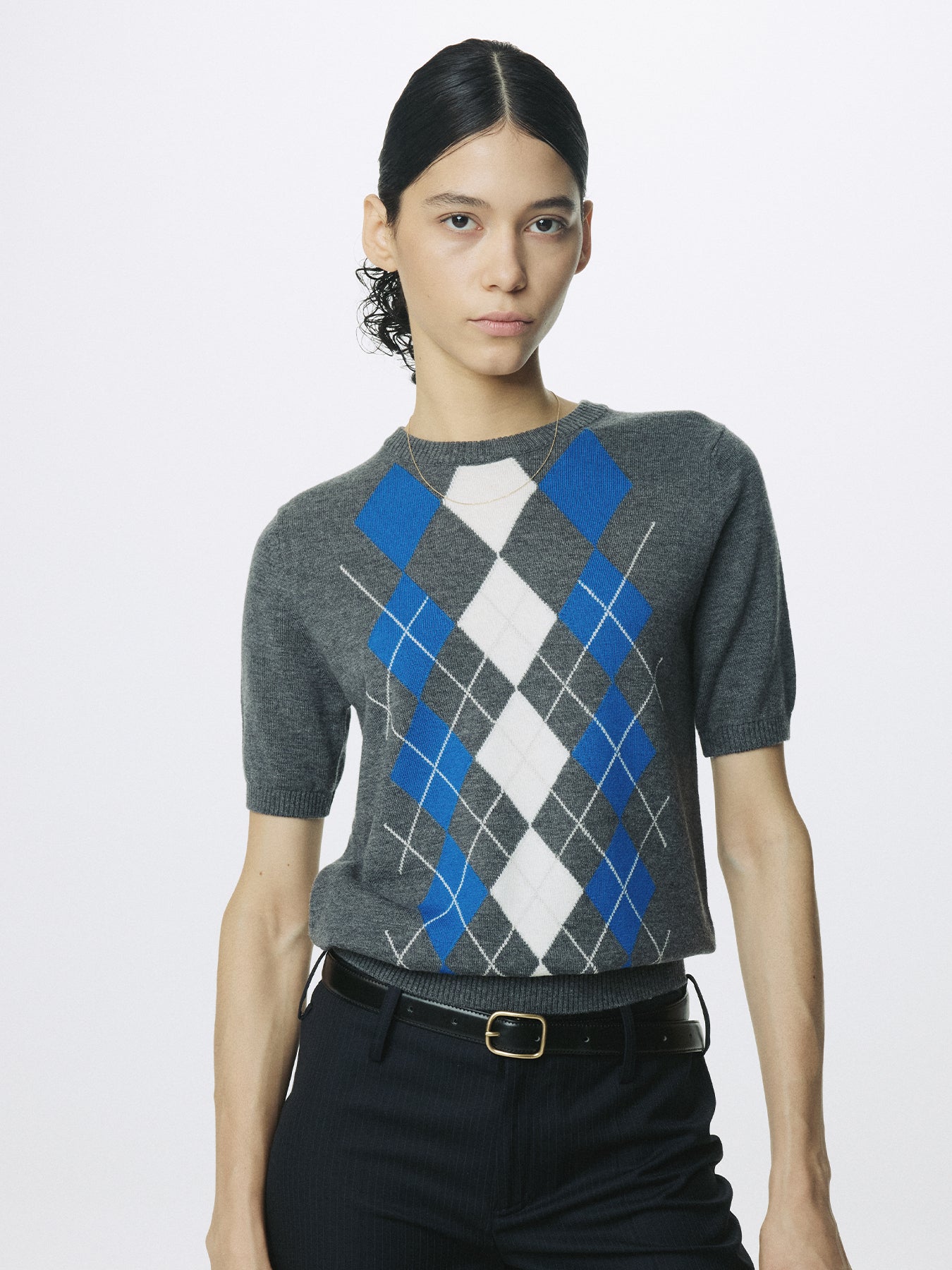 (W) SUPERFINE WOOL ARGYLE CREW NECK SWEATER_ GREY COBALT