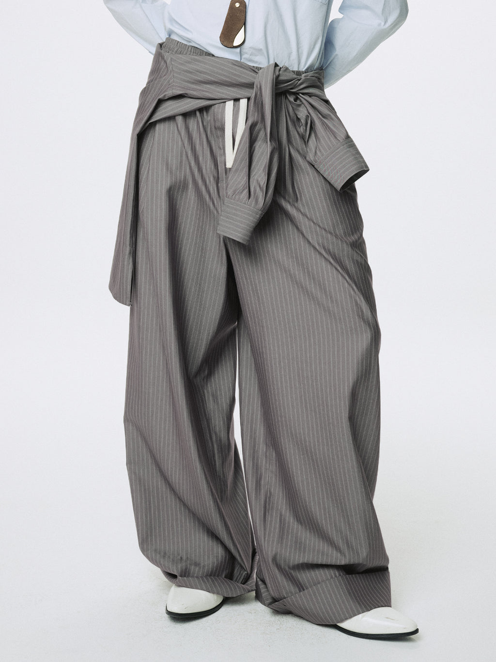 (W) SILK WOOL WIDE LEG PAJAMA TROUSERS_ DARK GREY STRIPE