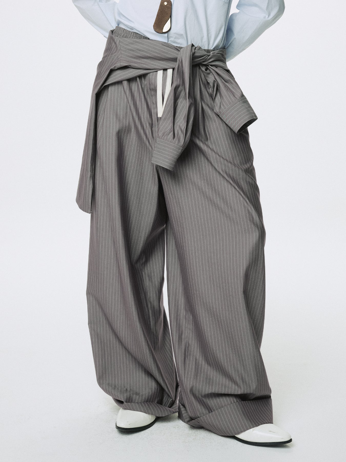 (W) SILK WOOL WIDE LEG PAJAMA TROUSERS_ DARK GREY STRIPE